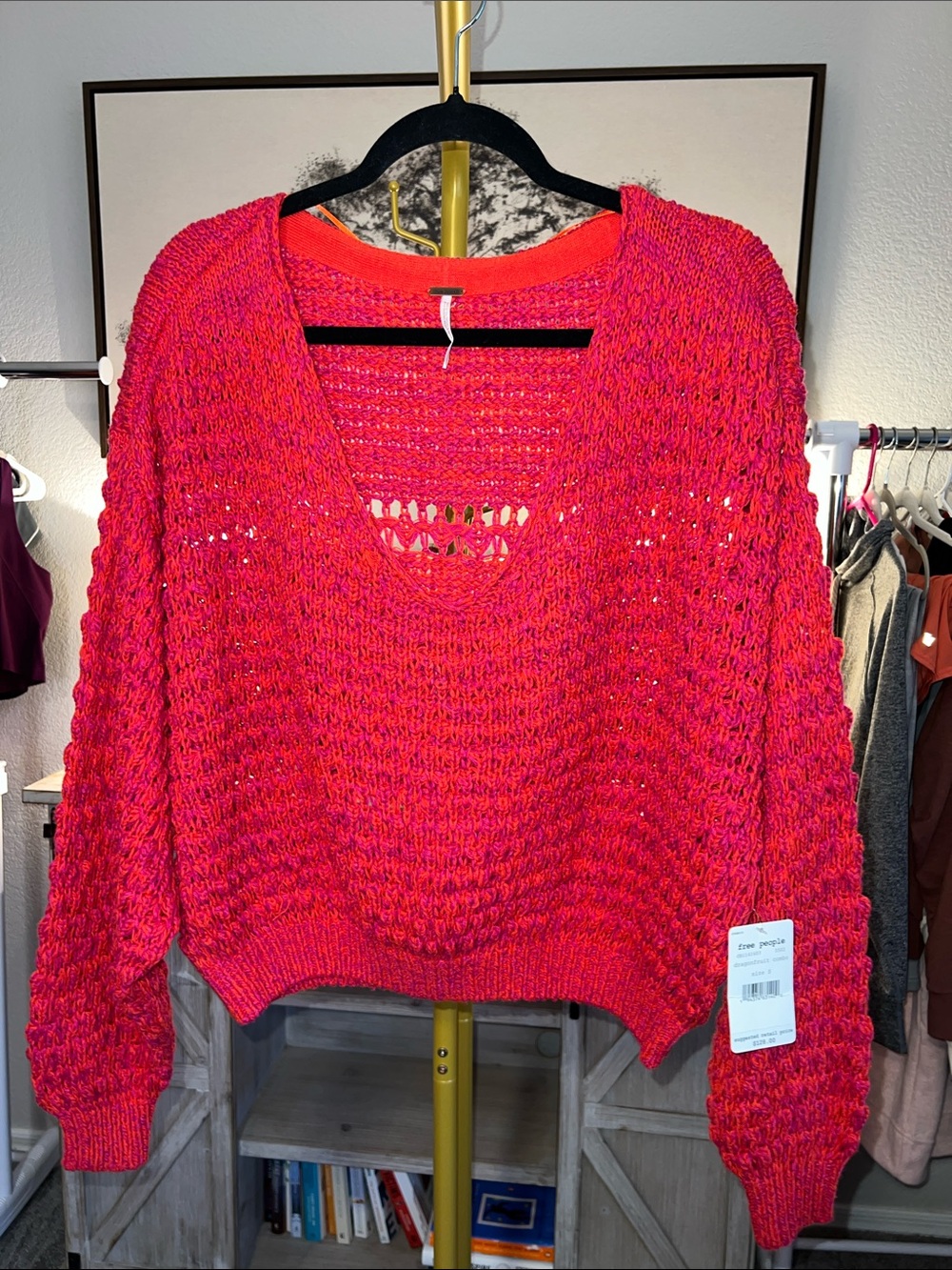 Free People V-Neck Knit Dragon Fruit Combo Sweater Women’s Size S